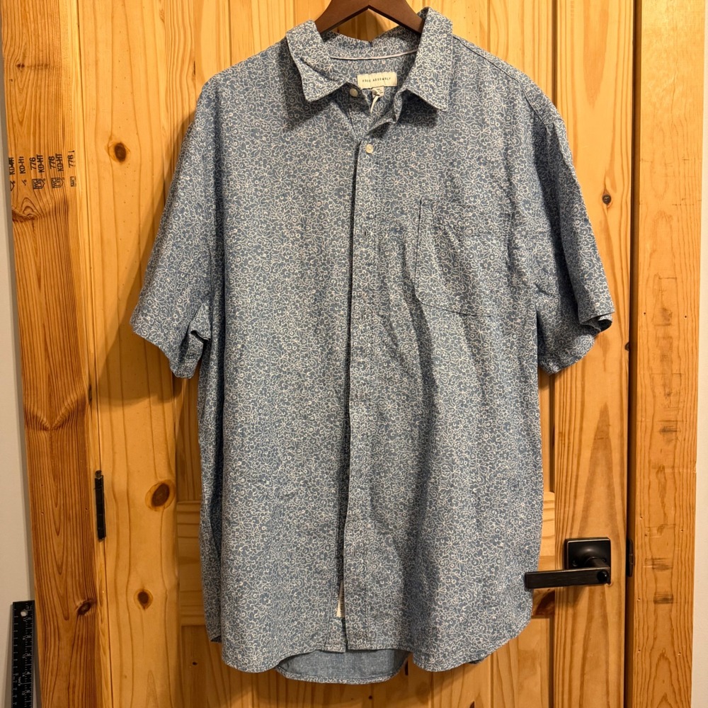 Free Assembly Mens 3XL Blue Floral Short Sleeve Button Down Cotton Shirt
